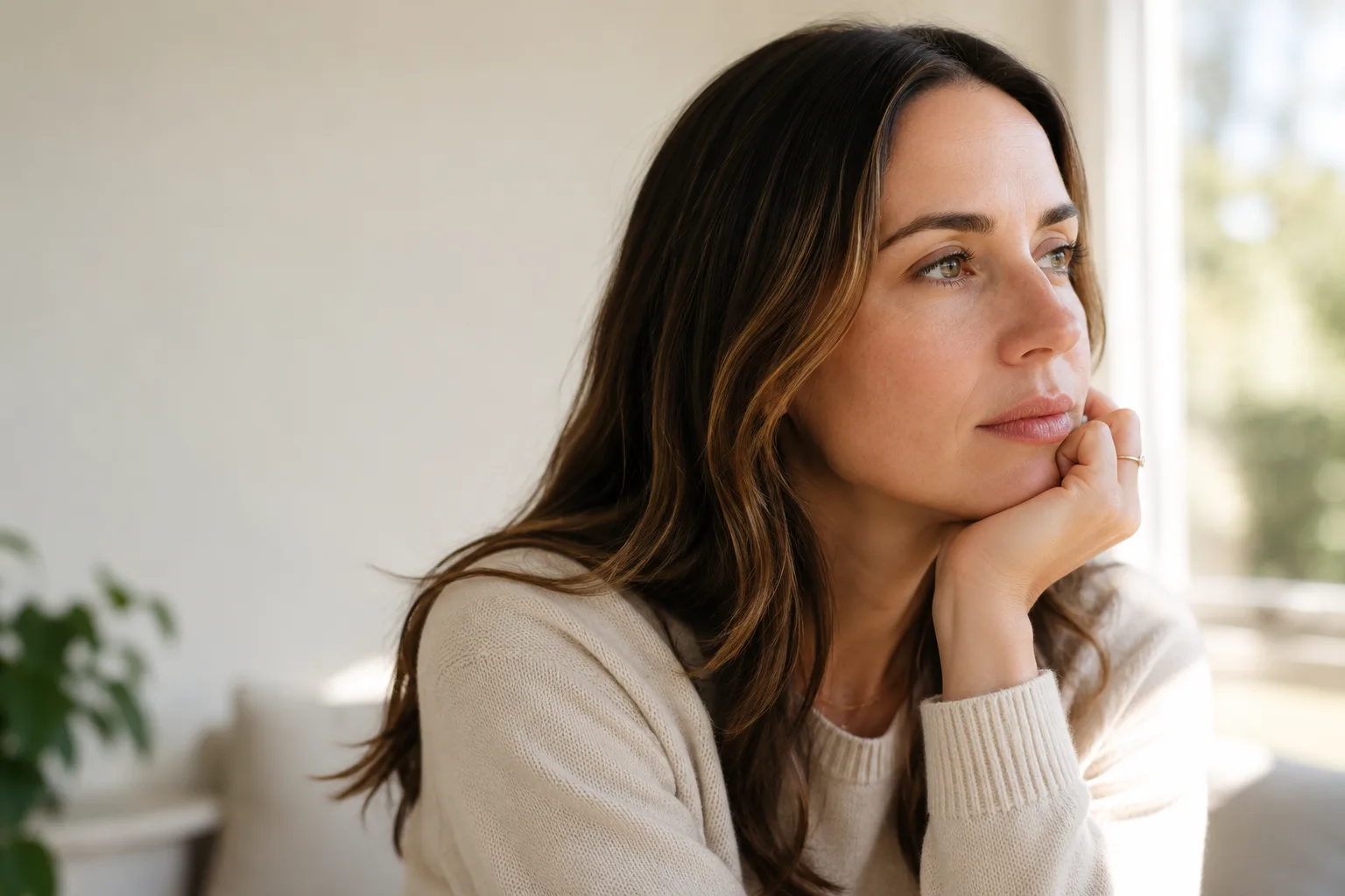 Woman in natural daylight reflecting on changes to her gum health and tooth sensitivity.
