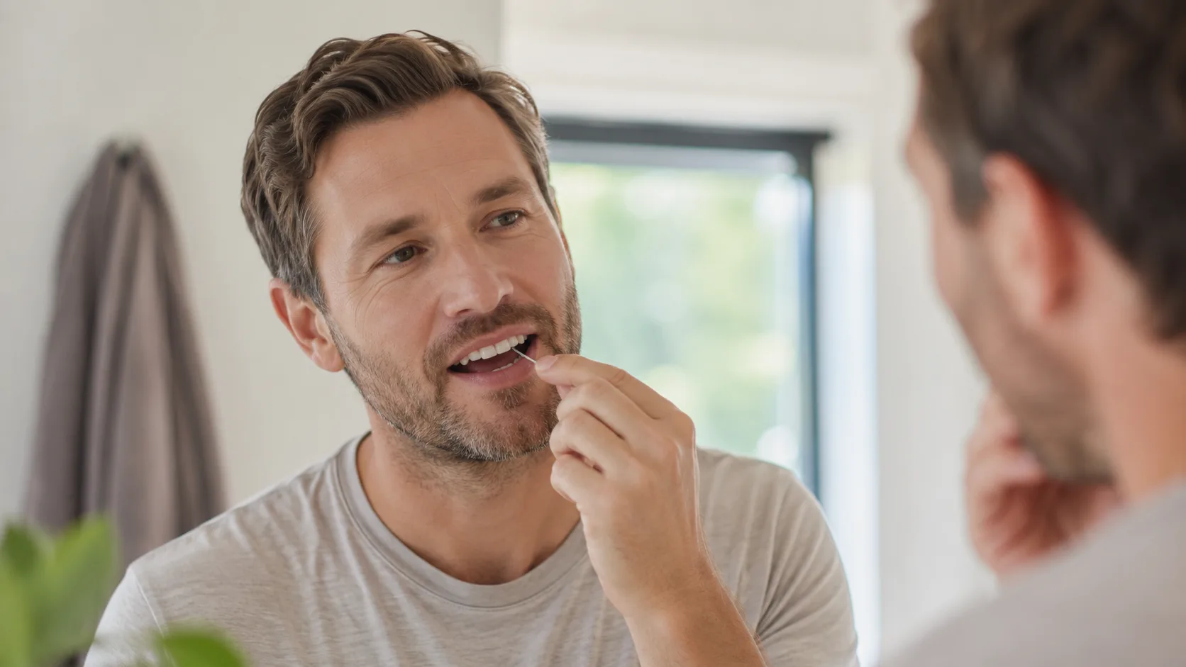 Man cleaning between his teeth as part of his daily gum care routine.